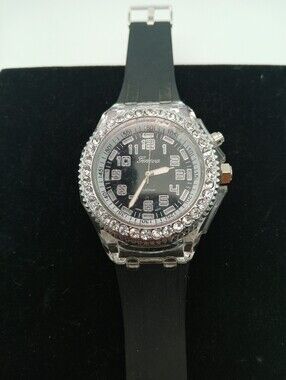 Geneva Crystal Bezel Black Dial Watch